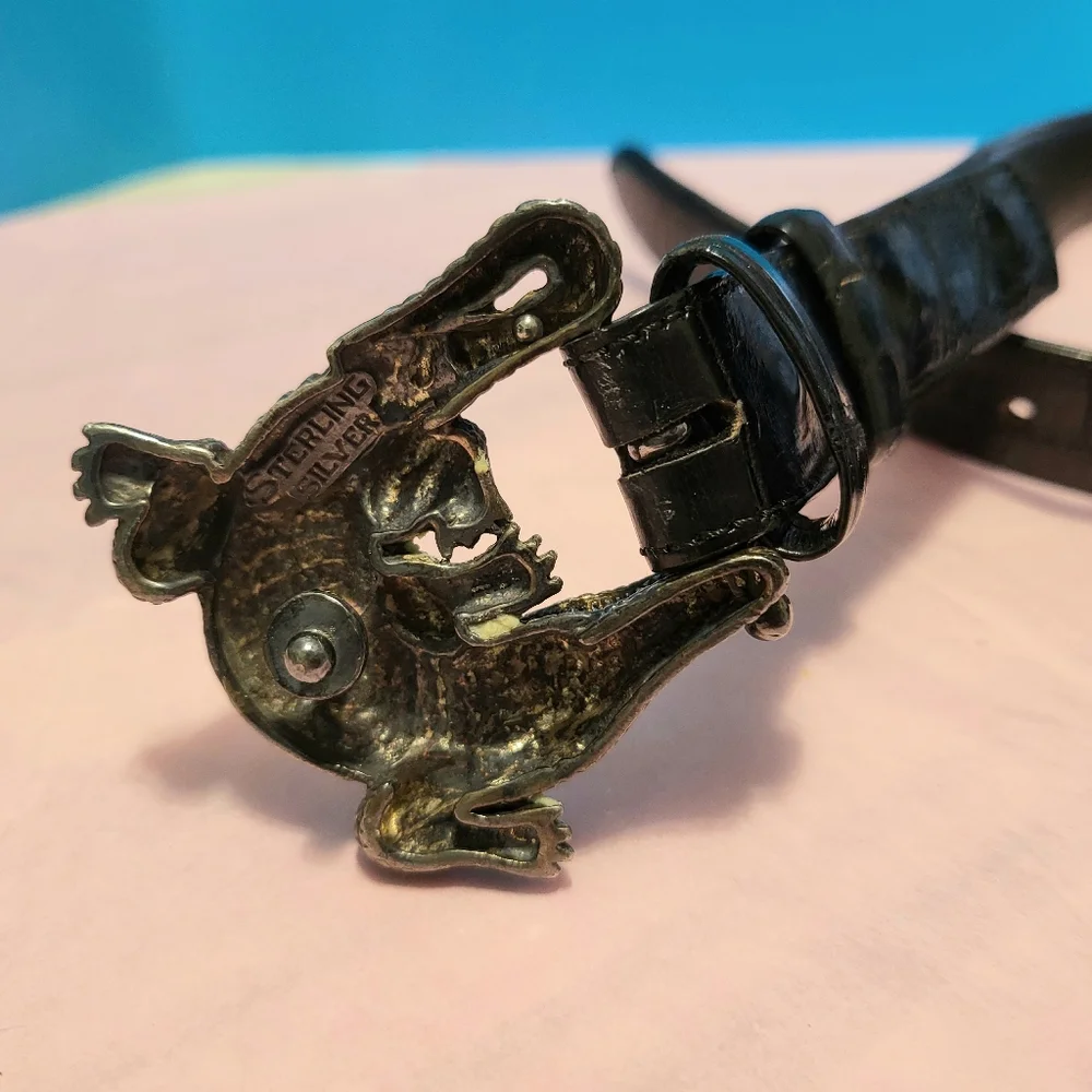 RARE! Barry Kieselstein-Cord Art SS Alligator Buckle & Belt Black Sz 38 Unisex